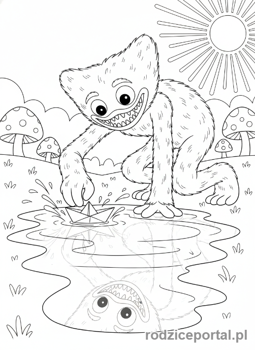 Kolorowanka Huggy Wuggy - Huggy Wuggy z małą łódką papierową