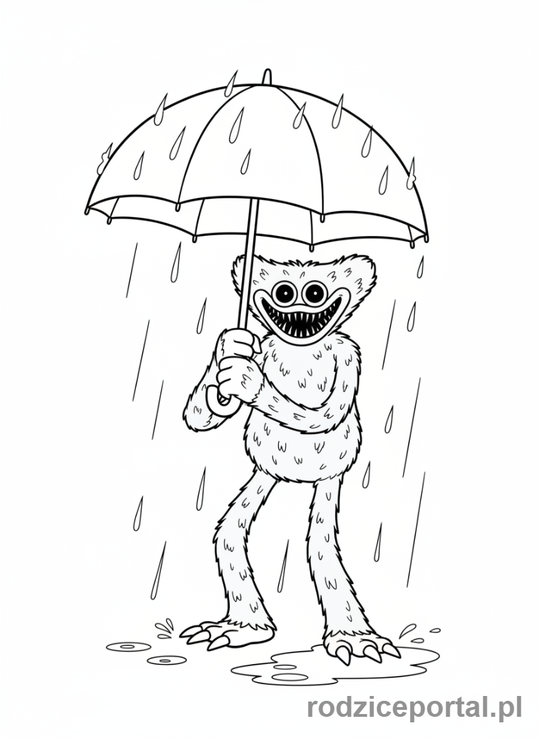 Kolorowanka Huggy Wuggy - Huggy Wuggy z parasolem w deszczu