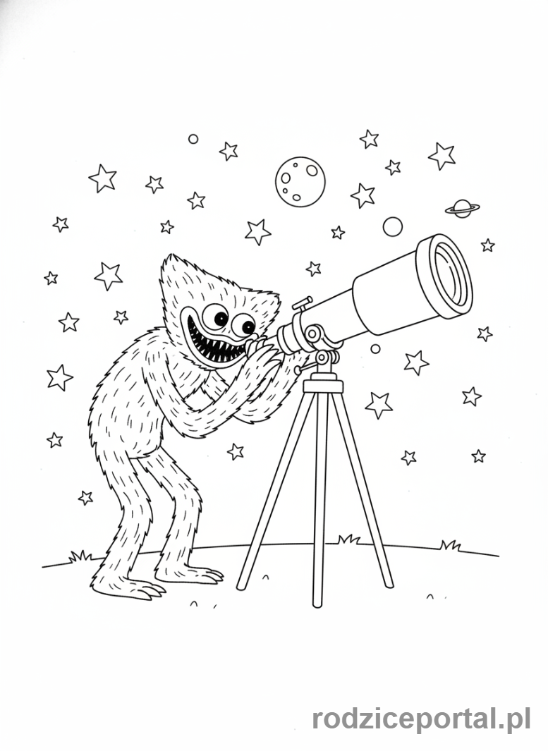 Kolorowanka Huggy Wuggy - Huggy Wuggy z teleskopem patrzący w gwiazdy