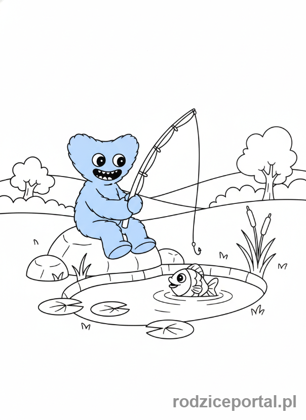 Kolorowanka Huggy Wuggy - Huggy Wuggy z wędziskiem łowiący ryby