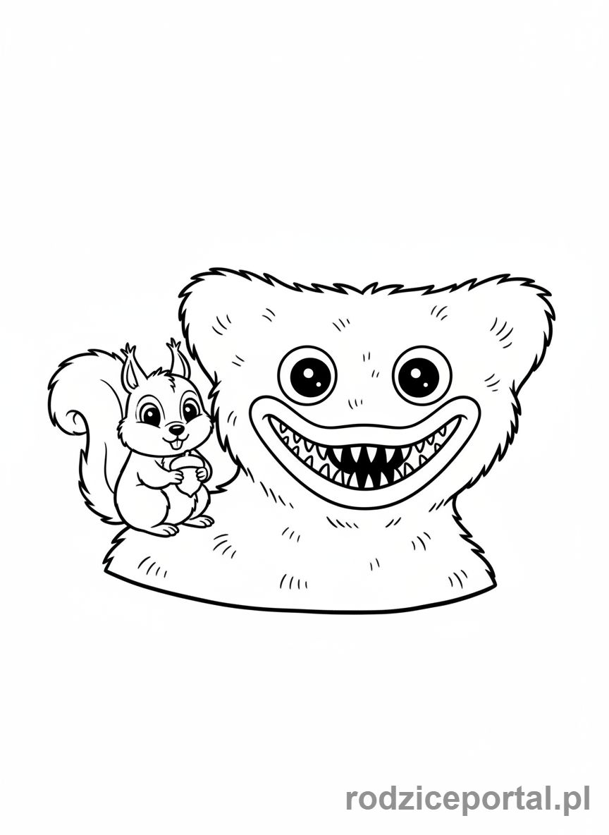 Kolorowanka Huggy Wuggy - Huggy Wuggy z wiewiórką na ramieniu
