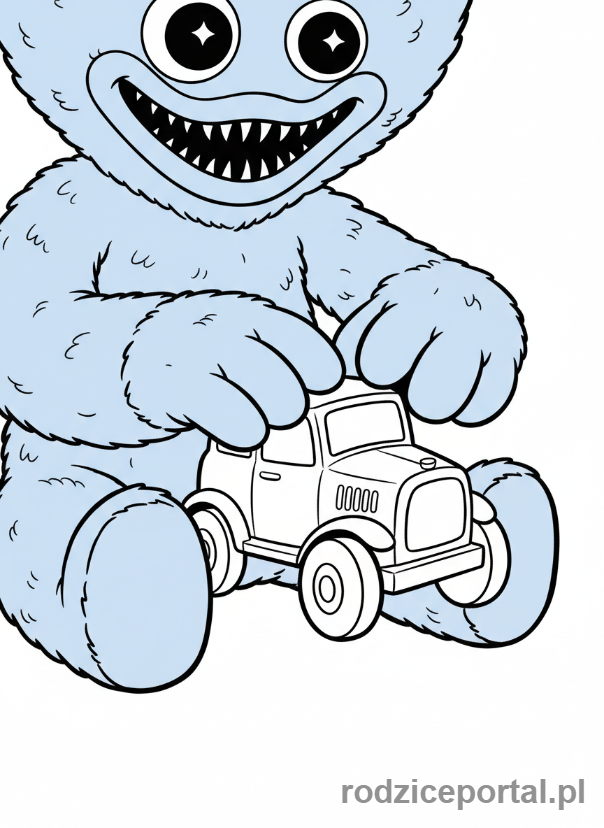Kolorowanka Huggy Wuggy - Huggy Wuggy z zabawką-samochodem