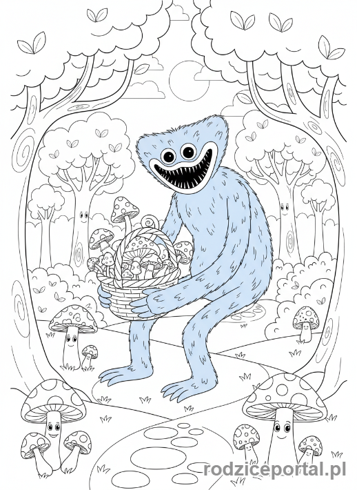 Kolorowanka Huggy Wuggy - Huggy Wuggy zbierający grzyby