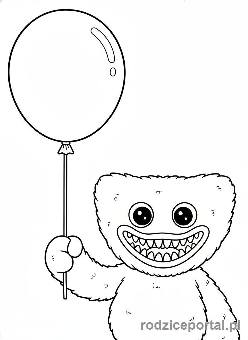 Kolorowanka Huggy Wuggy - Uśmiechnięty Huggy Wuggy z balonikiem