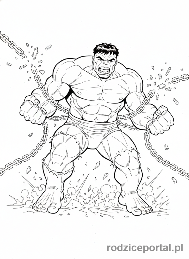 Kolorowanka Hulk - Hulk łamiący metalowe łańcuchy, pełen akcji