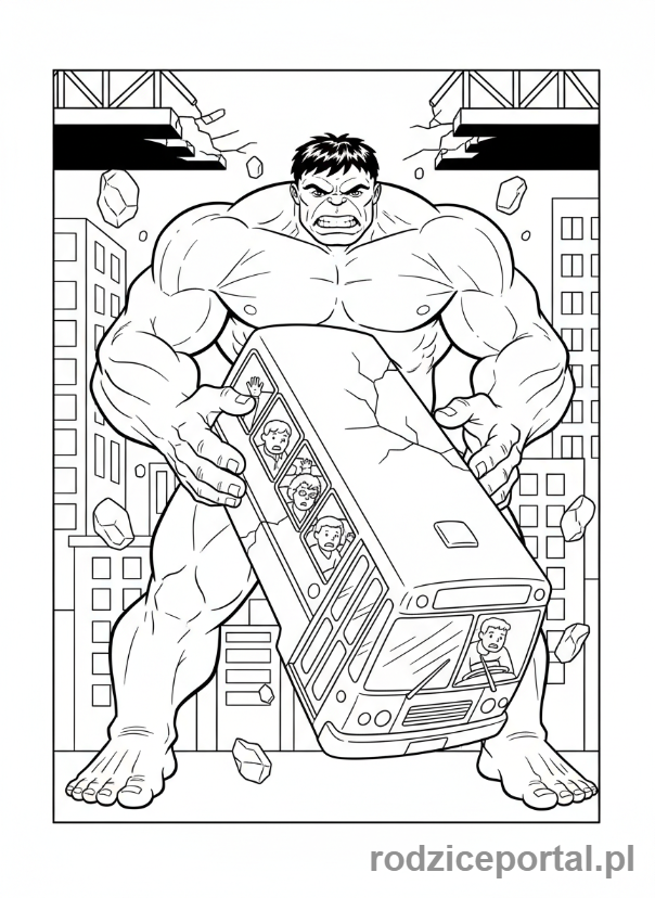 Kolorowanka Hulk - Hulk łapiący spadający autobus