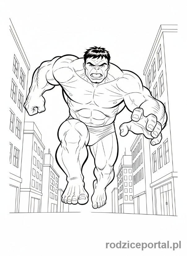 Kolorowanka Hulk - Hulk biegnący przez miasto, perspektywa z dołu