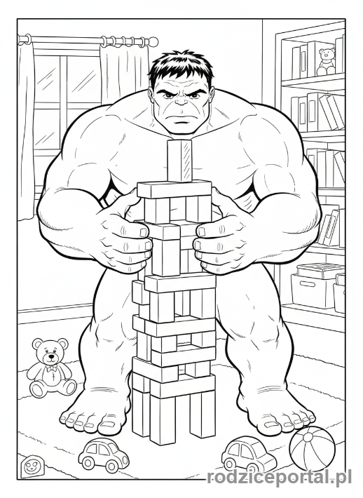 Kolorowanka Hulk - Hulk budujący wieżę z klocków