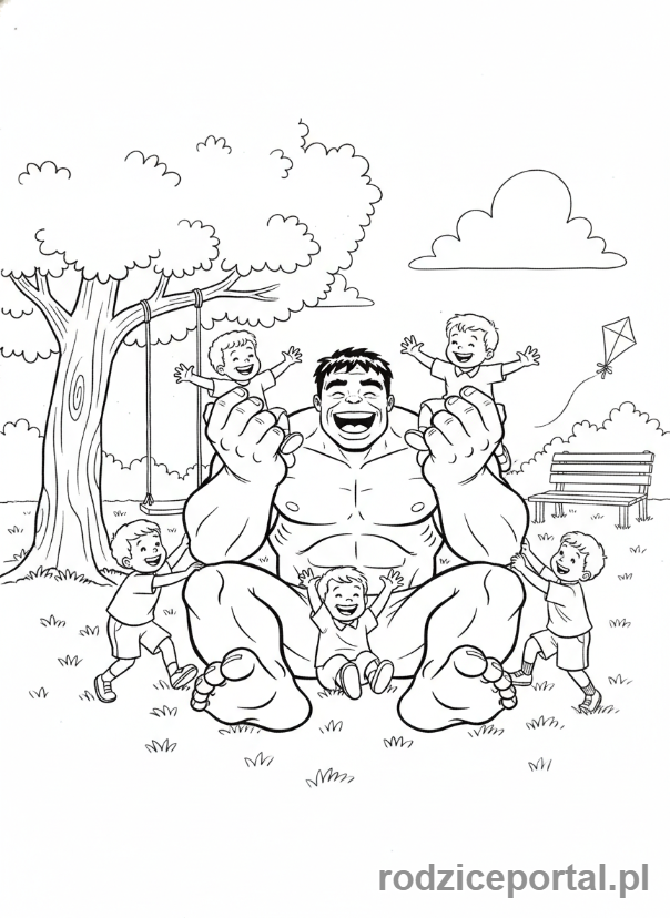 Kolorowanka Hulk - Hulk i dzieci bawiące się razem