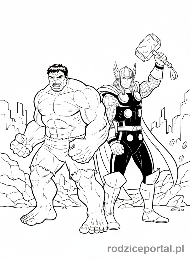 Kolorowanka Hulk - Hulk i Thor walczący ramię w ramię