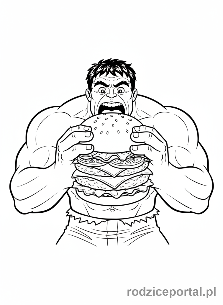 Kolorowanka Hulk - Hulk jedzący gigantycznego burgera