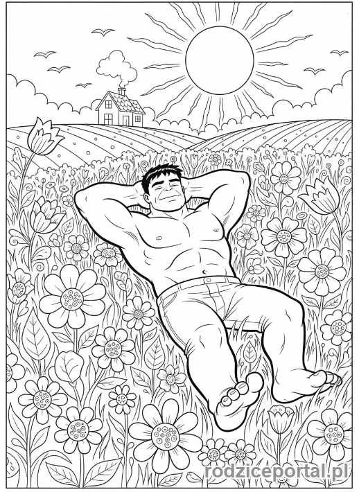 Kolorowanka Hulk - Hulk leżący i odpoczywający na łące