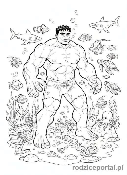 Kolorowanka Hulk - Hulk pod wodą, z rybami