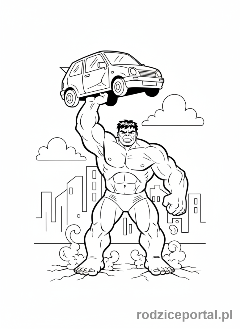 Kolorowanka Hulk - Hulk podnoszący samochód jedną ręką