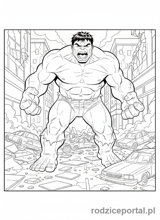 Kolorowanka Hulk - Hulk ryczący w mieście