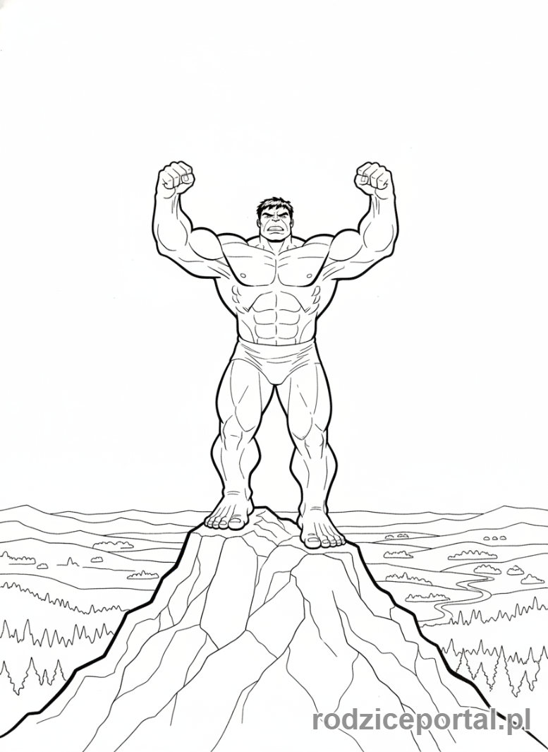 Kolorowanka Hulk - Hulk stojący na szczycie góry, patrzący na horyzont