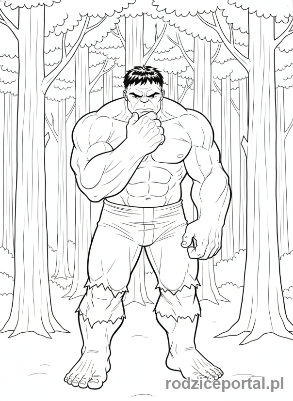 Kolorowanka Hulk - Hulk stojący w lesie, zamyślony