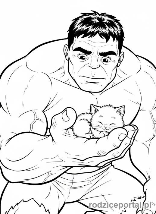 Kolorowanka Hulk - Hulk trzymający małego kotka