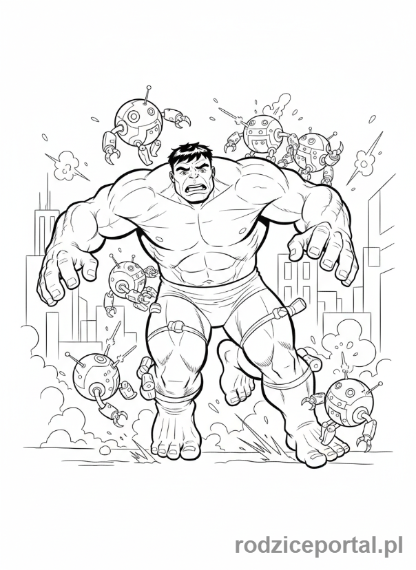 Kolorowanka Hulk - Hulk uciekający przed ścigającymi go robotami
