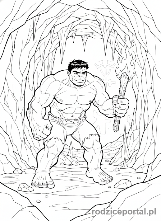 Kolorowanka Hulk - Hulk w jaskini, odkrywający coś