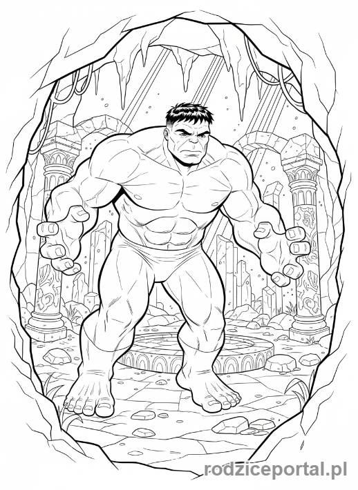 Kolorowanka Hulk - Hulk w jaskini, odkrywający starożytne ruiny