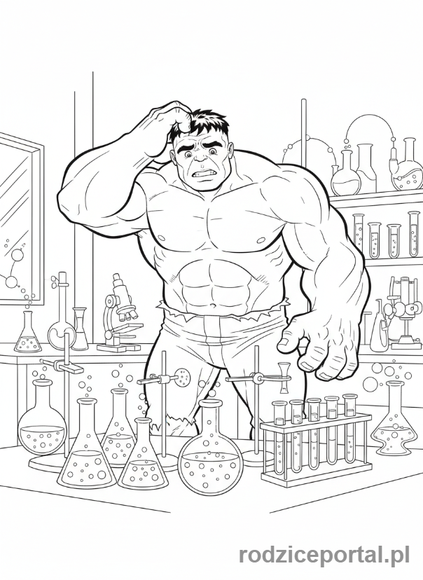 Kolorowanka Hulk - Hulk w laboratorium, otoczony probówkami