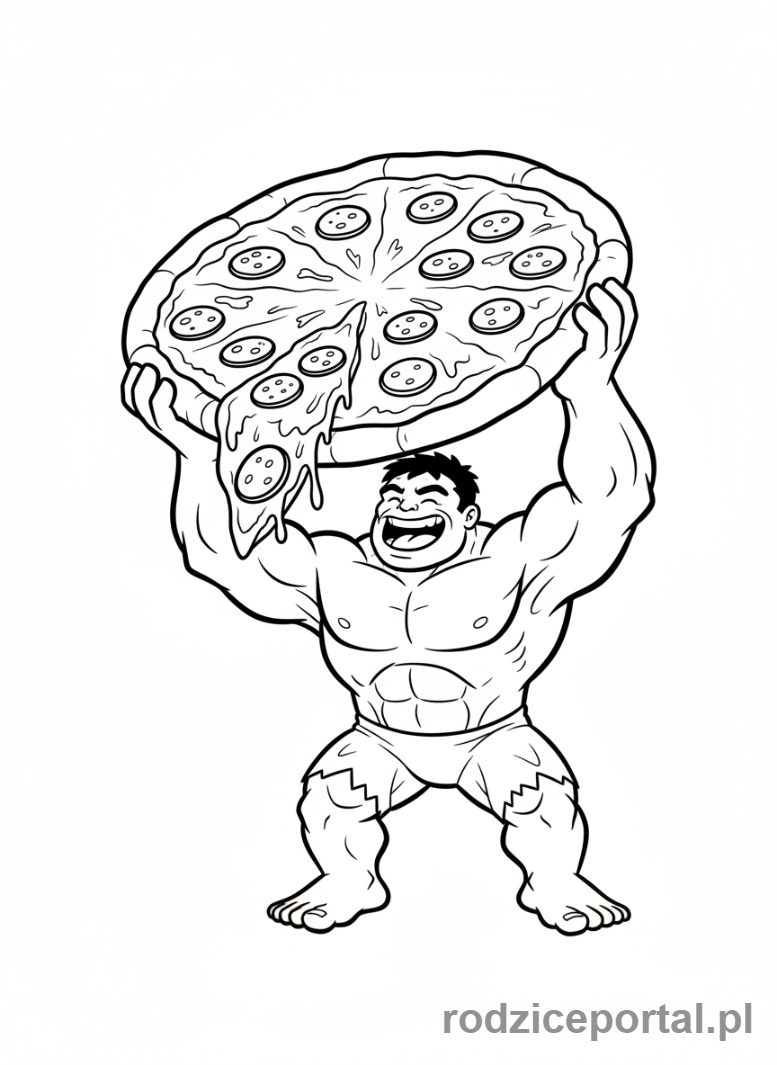 Kolorowanka Hulk - Hulk z gigantyczną pizzą