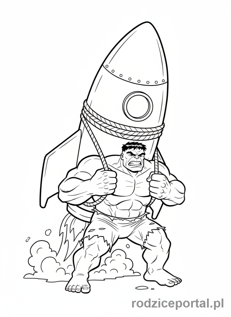 Kolorowanka Hulk - Hulk z rakietą na plecach, przygotowany do lotu
