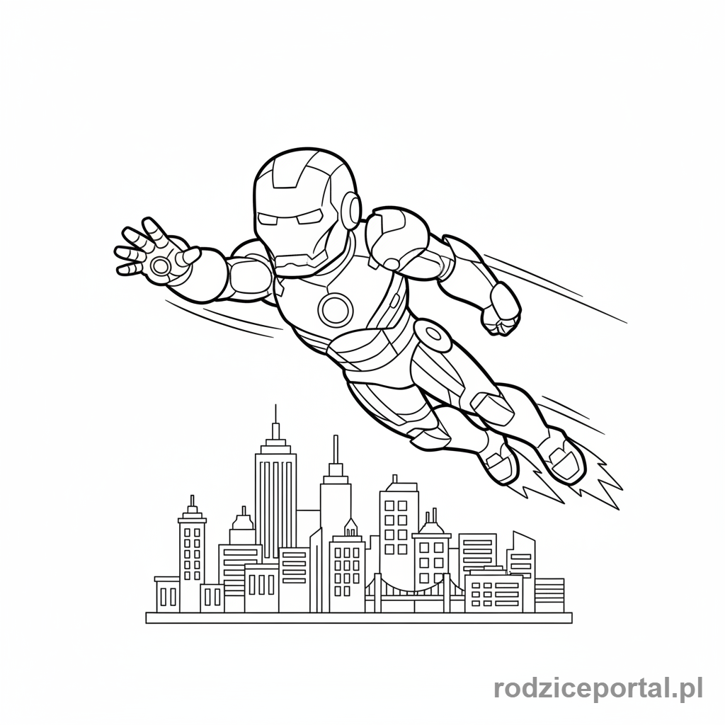 Kolorowanka Iron Man - Iron Man lecący nad panoramą miasta