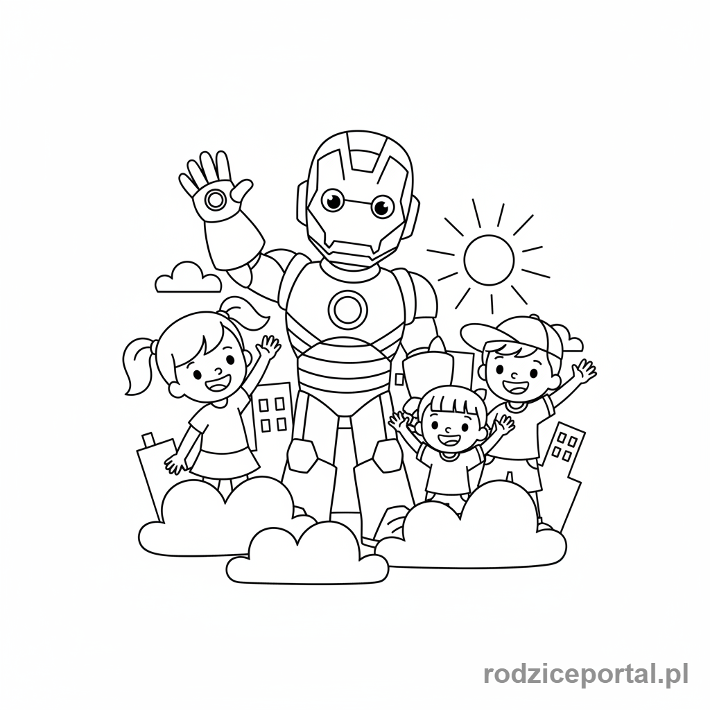 Kolorowanka Iron Man - Iron Man machający przyjaźnie do dzieci