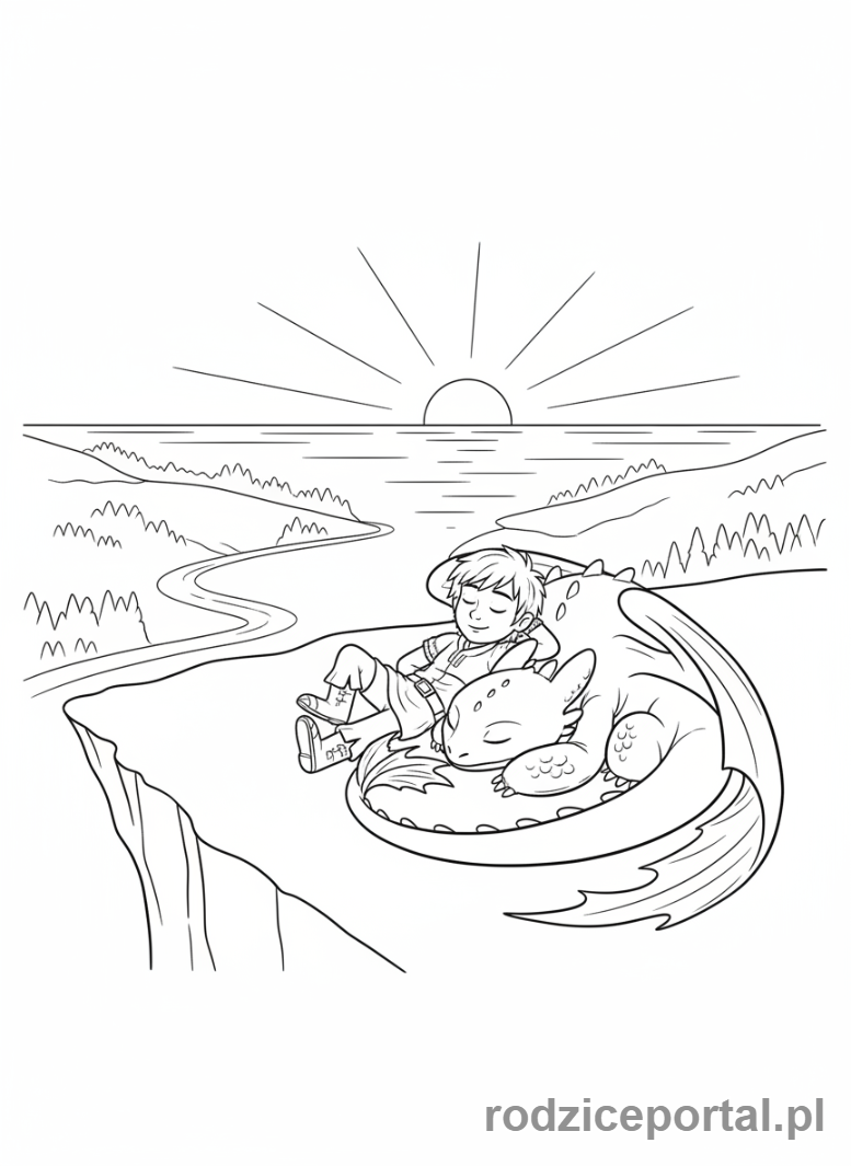 Kolorowanka Jak Wytresować Smoka - Czkawka i Szczerbatek odpoczywający na klifie