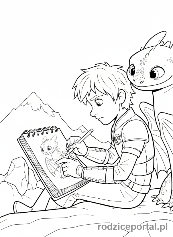 Kolorowanka Jak Wytresować Smoka - Czkawka rysujący Szczerbatka w notatniku
