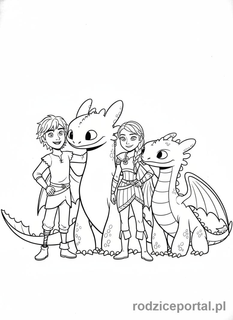 Kolorowanka Jak Wytresować Smoka - Główni bohaterowie: Czkawka, Szczerbatek, Astrid i Szturmalia
