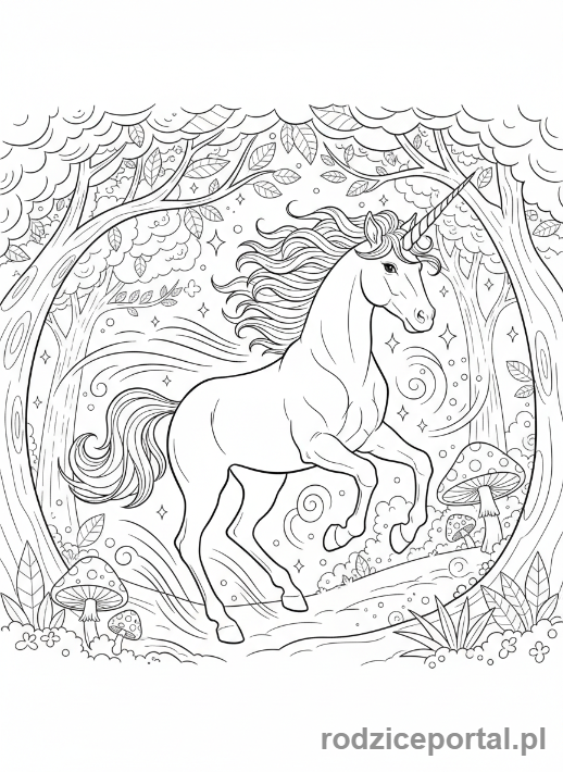 Kolorowanka Jednorożce - Jednorożec galopujący przez las.