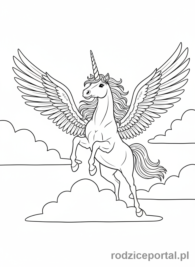 Kolorowanka Jednorożce - Jednorożec latający wśród chmur.