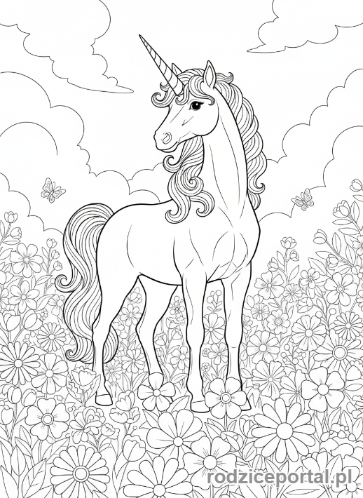 Kolorowanka Jednorożce - Jednorożec na polu kwiatów z widoku z dołu.