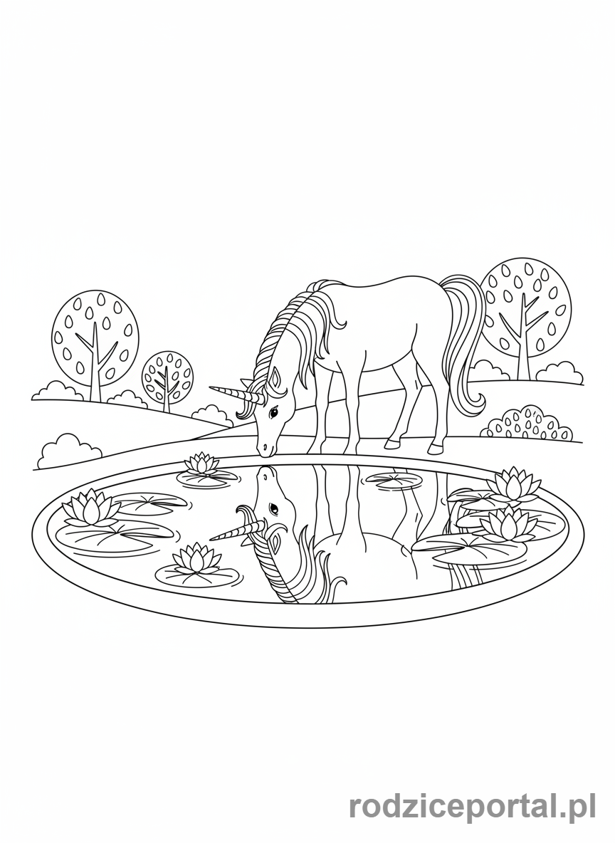 Kolorowanka Jednorożce - Jednorożec oglądający swoje odbicie w stawie.