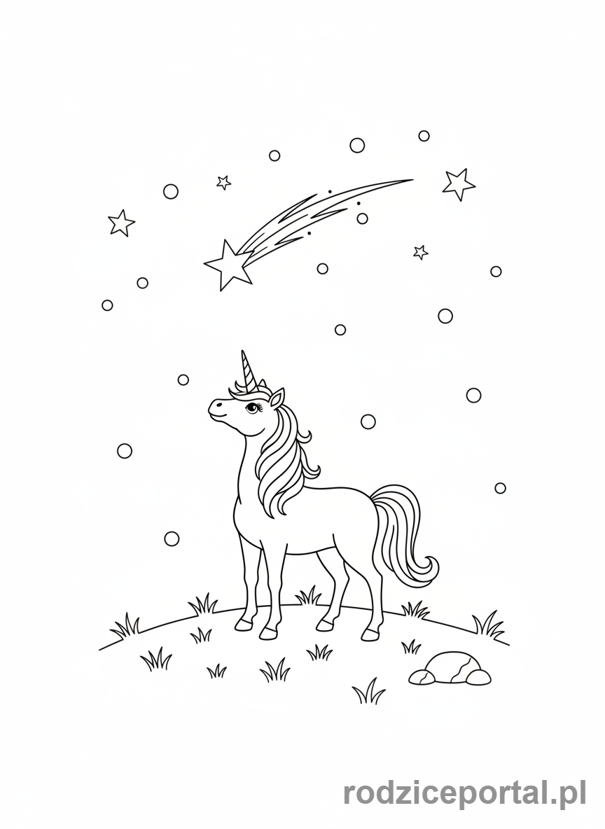 Kolorowanka Jednorożce - Jednorożec patrzący na spadającą gwiazdę.