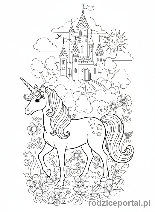 Kolorowanka Jednorożce - Jednorożec przed magicznym zamkiem.
