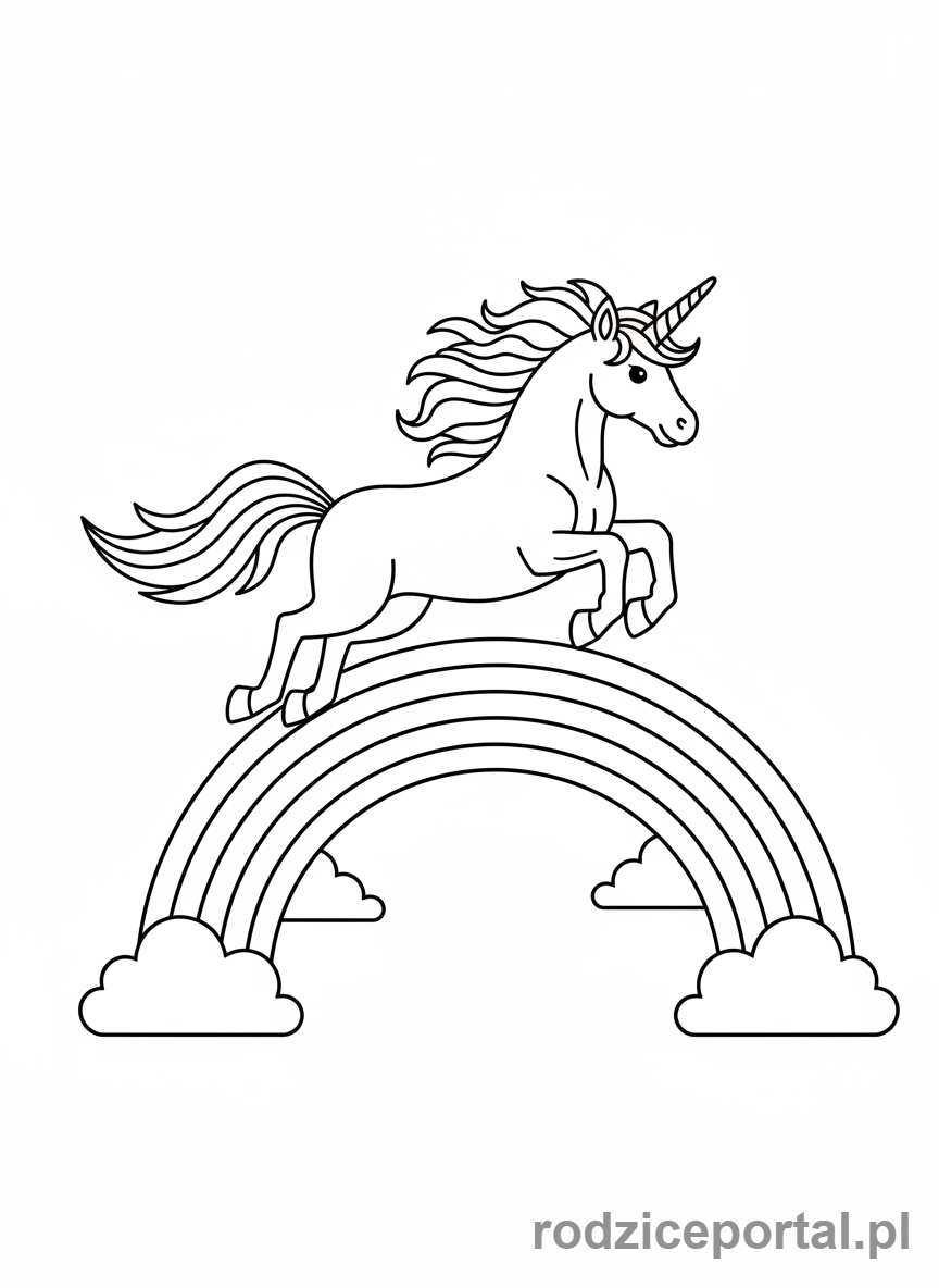 Kolorowanka Jednorożce - Jednorożec skaczący nad tęczą.