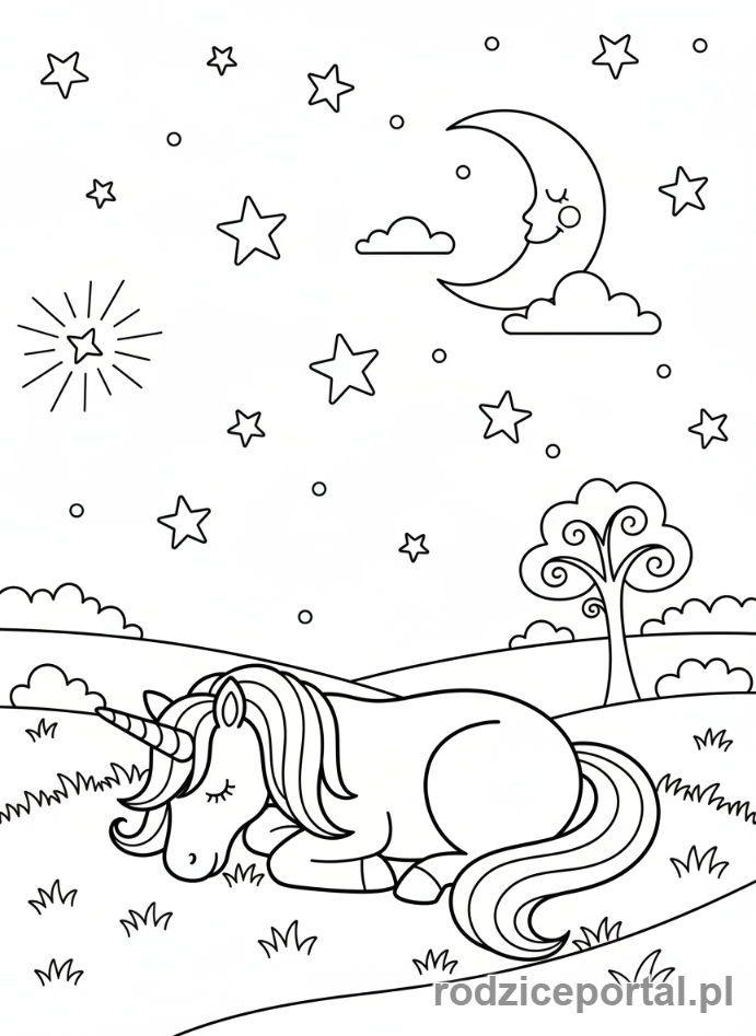 Kolorowanka Jednorożce - Jednorożec śpiący pod rozgwieżdżonym niebem.