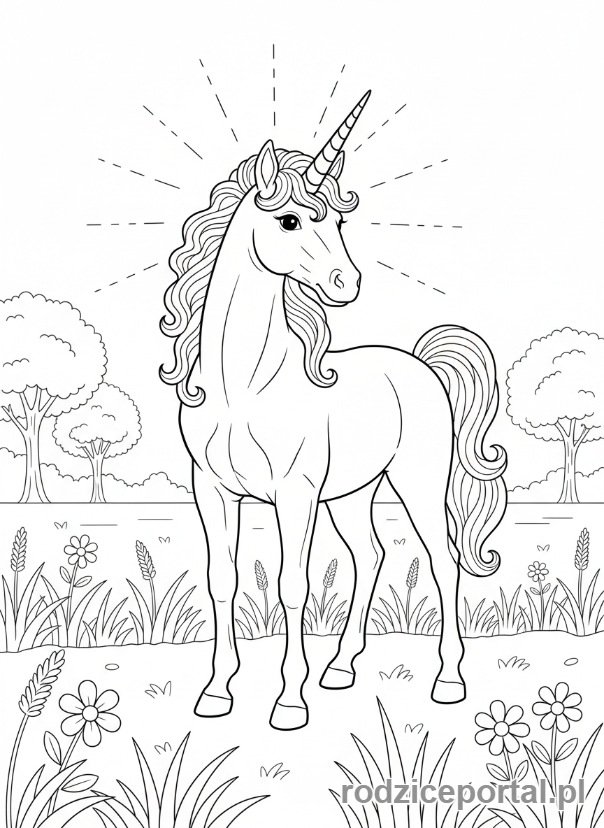 Kolorowanka Jednorożce - Jednorożec stojący dumnie na łące.