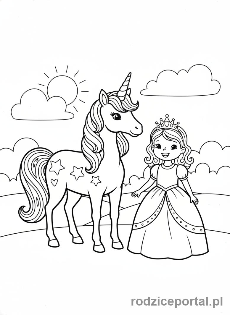 Kolorowanka Jednorożce - Jednorożec z małą księżniczką.
