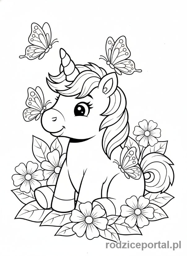 Kolorowanka Jednorożce - Mały jednorożec bawiący się z motylami.