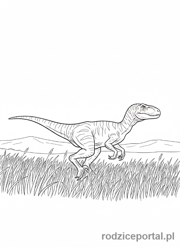 Kolorowanka Jurassic World - Blue, welociraptor, biegnący przez trawę