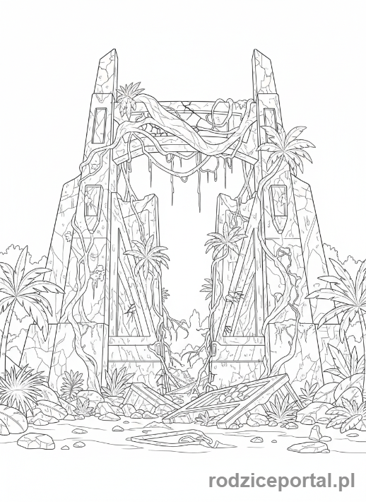 Kolorowanka Jurassic World - Brama do parku zniszczona
