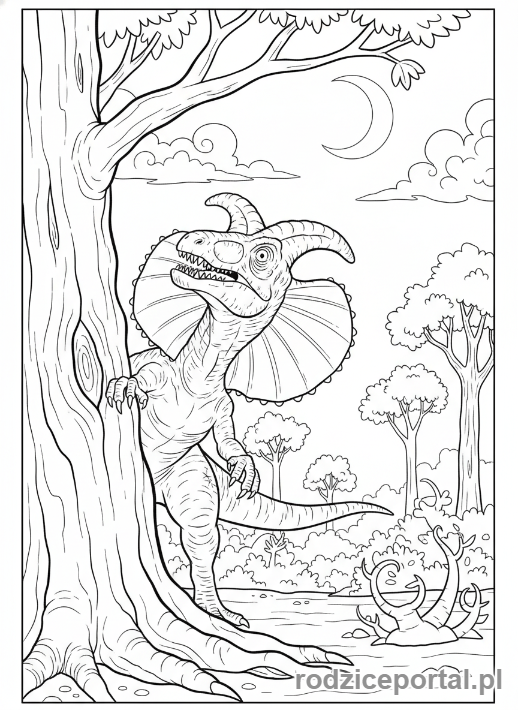 Kolorowanka Jurassic World - Dilophosaurus zaskakujący zza drzewa
