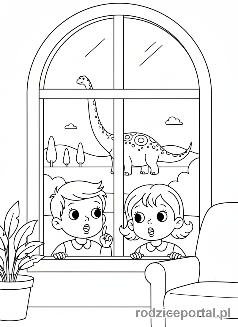 Kolorowanka Jurassic World - Dzieci obserwujące dinozaury z okna