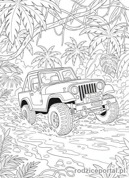 Kolorowanka Jurassic World - Dżip pędzący przez dżunglę
