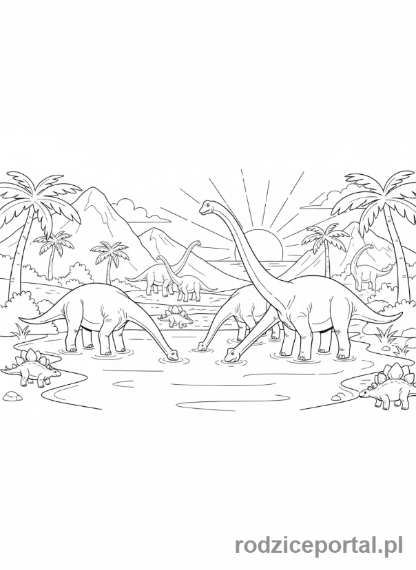 Kolorowanka Jurassic World - Grupa brachiozaurów przy wodopoju